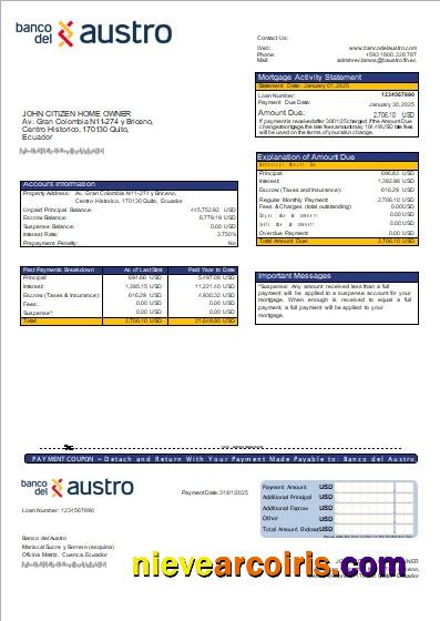 Ecuador Banco del Austro bank mortgage statement